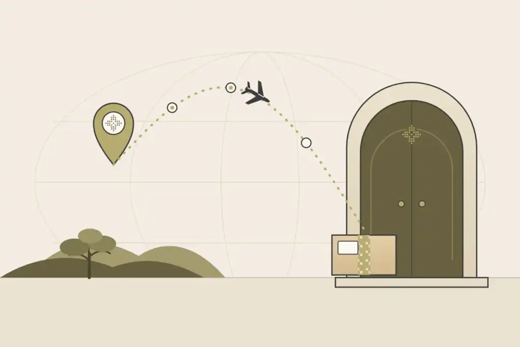 A dotted route from a pin in Palestine, across the world, to a parcel waiting at a front door